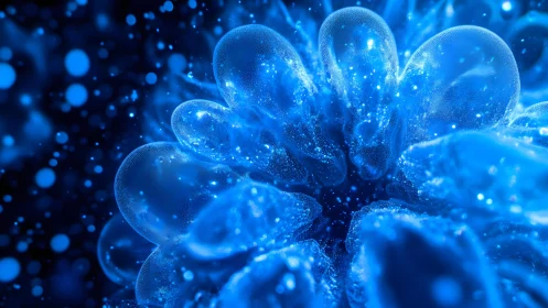 Abstract macro of glowing blue bubbles in a digital art style.