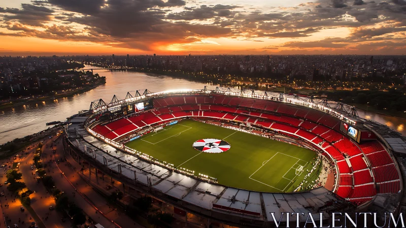 Illuminated riverside football stadium under stratified sunset sky.
