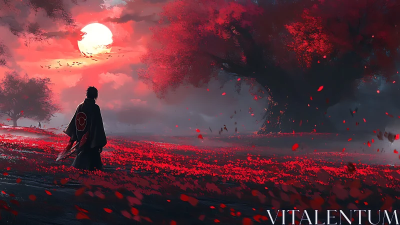 Lone warrior crossing crimson field under burning dusk sky.