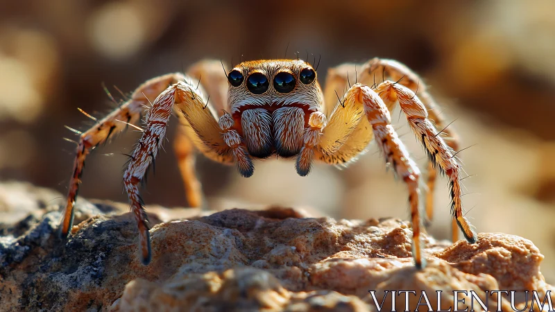 Jumping spider stares intently from rocky sunlit terrain.