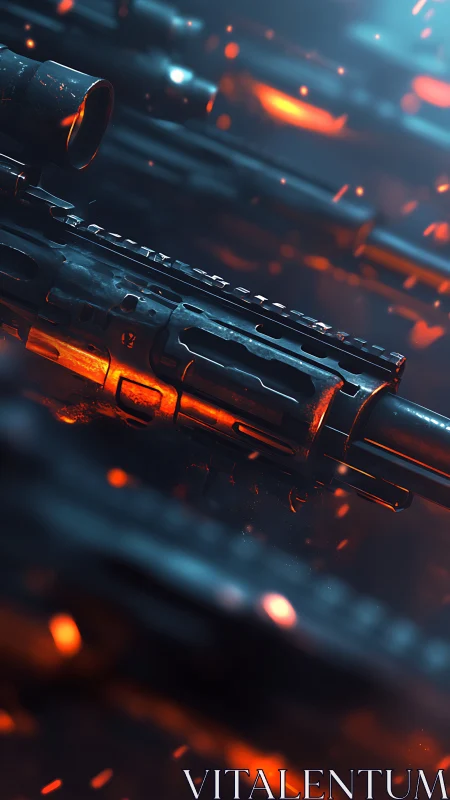 Futuristic rifle barrels glow with orange heated metal