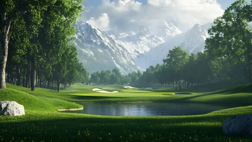 Mountain golf fairway unfolds beside tranquil reflective pond.