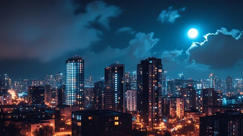 Moonlit high-rise skyline glows over vibrant nocturnal city
