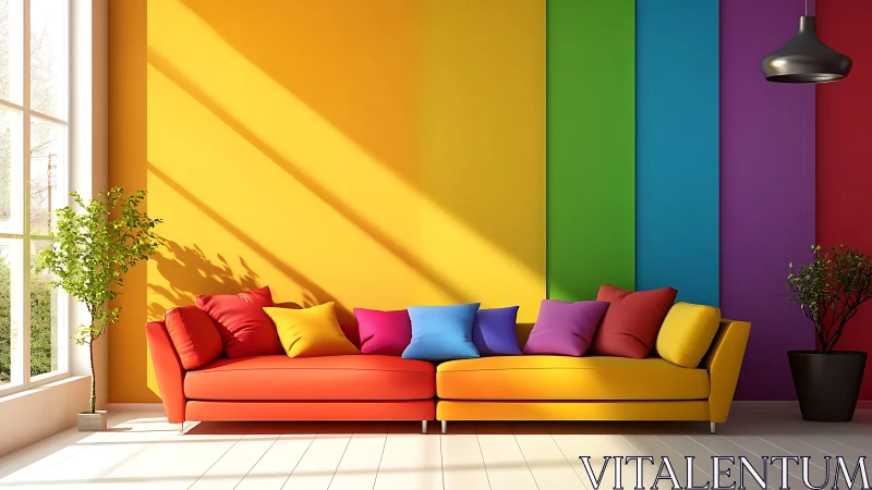 Colorful modern living room with rainbow accent wall.