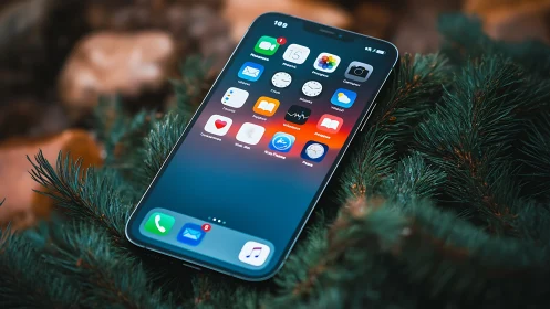 iPhone displaying app home screen with forest backdrop.