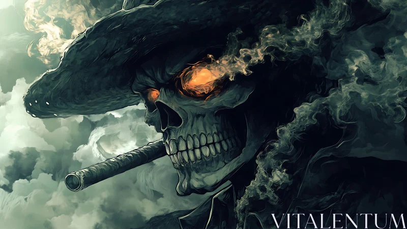 Flaming-eyed skull smoker in swirling ghostly smoke storm.