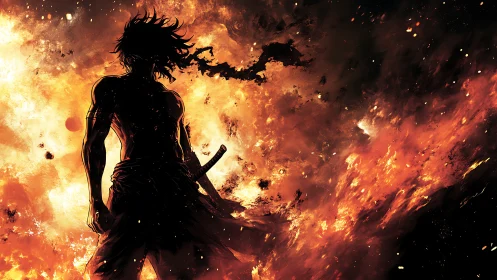 Lone warrior outlined in roaring orange and ember-bright fire.