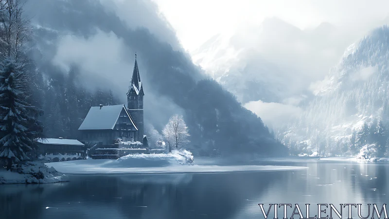 Snowbound lakeside church rises beside misty alpine forest
