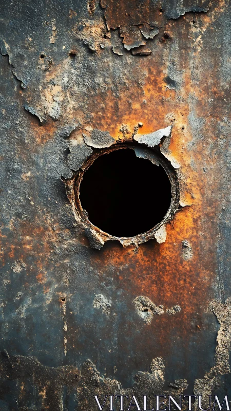 Rusted metal plate encircles dark central circular void