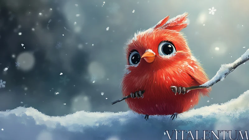Cute Red Cartoon Bird Perched on Snowy Branch in Winter Scene.