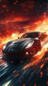 Black sports car racing through fiery motion trail.