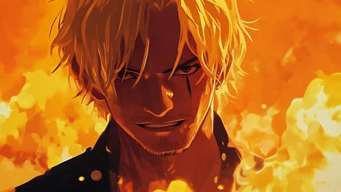 Blond antihero in blazing inferno with cinematic rim light.