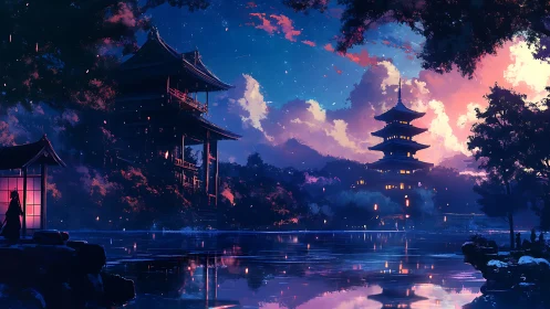 Lakeside pagodas stand under a vivid twilight sky