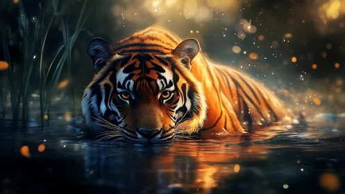 Digital tiger stalking through glowing river at dusk.