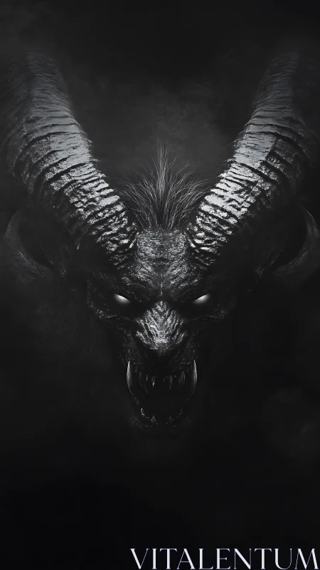 Demonic horned beast emerging from deep monochrome shadows.