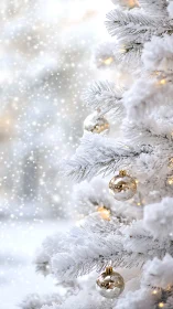 Snow-covered artificial tree with gold ornaments and lights.