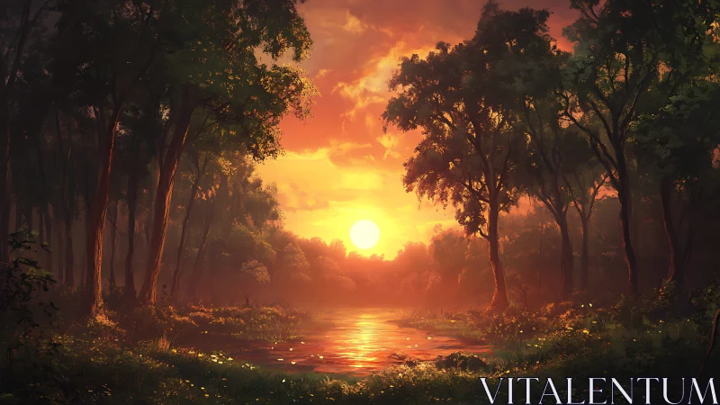 Sunlit forest river glowing under vivid sunset sky.