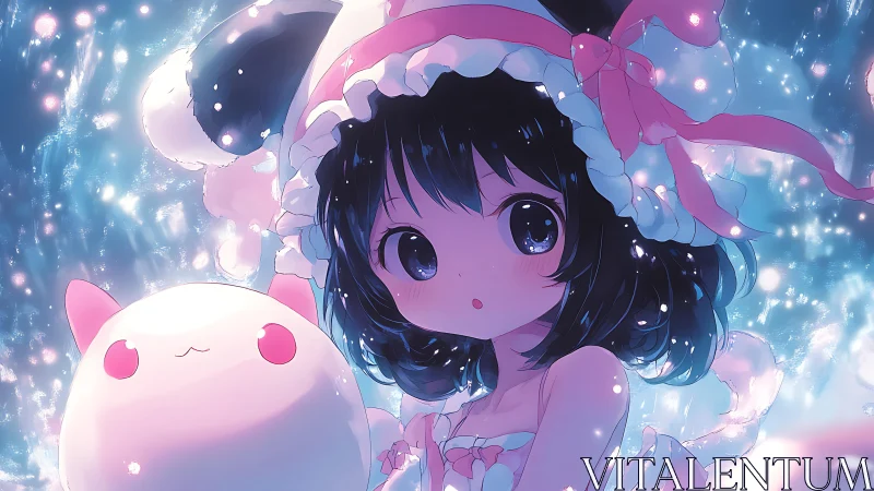 Iridescent anime girl with plush creature in glowing bokeh field