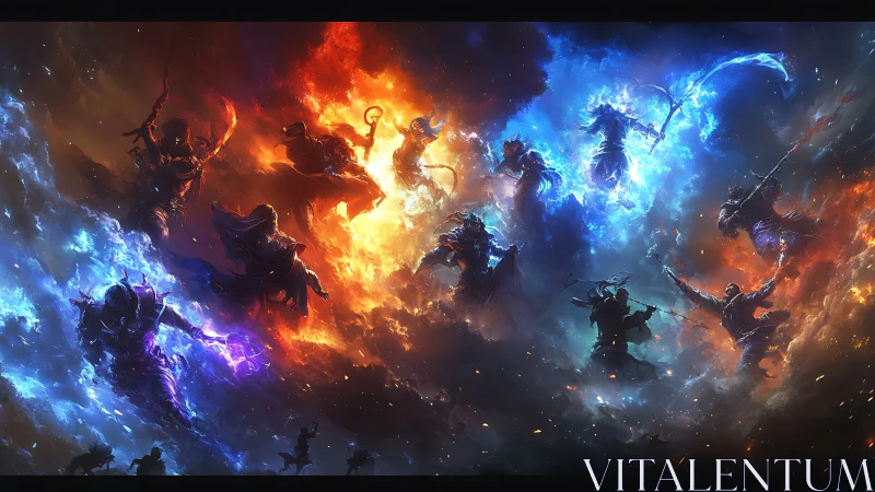 Elemental warriors locked in swirling cosmic battle.
