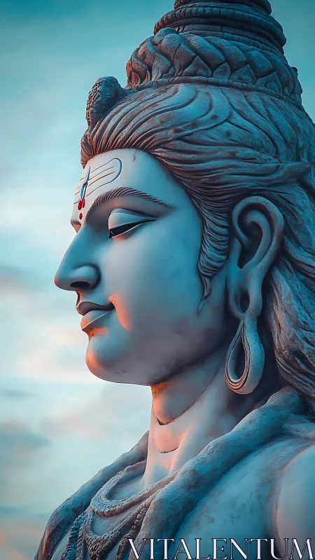 Monumental blue-toned stone deity profile at dusk.