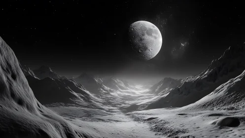 Silent lunar valley under a colossal ice brightened moon.