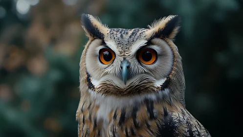 Close-up Portrait of an Owl with Striking Orange Eyes, Realistic Style.
