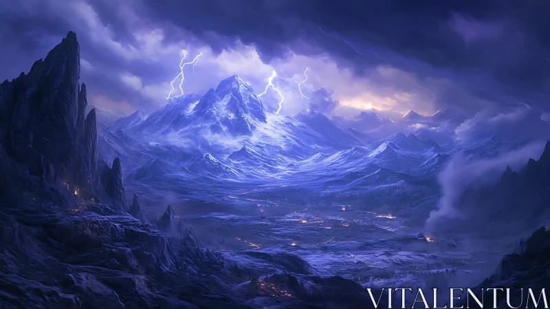 Moonlit thunder over a mysterious frozen mountain valley.