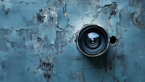 Camera lens set in weathered blue wall with peeling paint.
