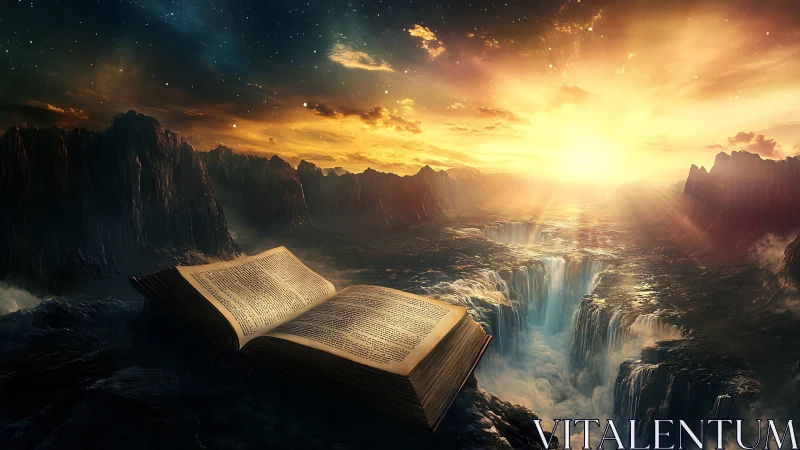 Large open book on rocky plateau facing luminous horizon.