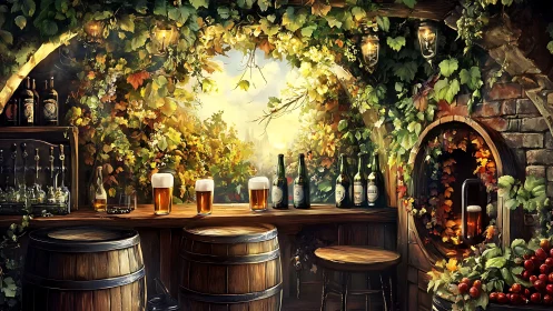 Autumnal beer garden counter under vine canopy illumination.
