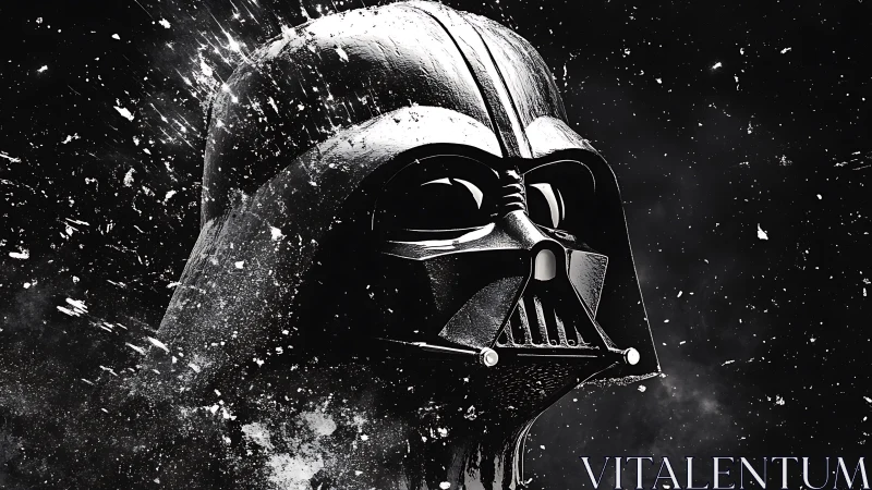 Helmeted sci fi character portrait in monochrome space field.