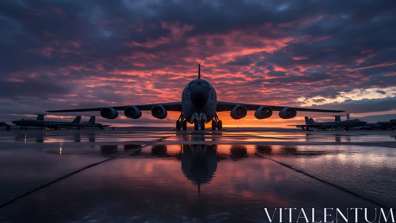 Sunrise reflections with a waiting jet on the runway.