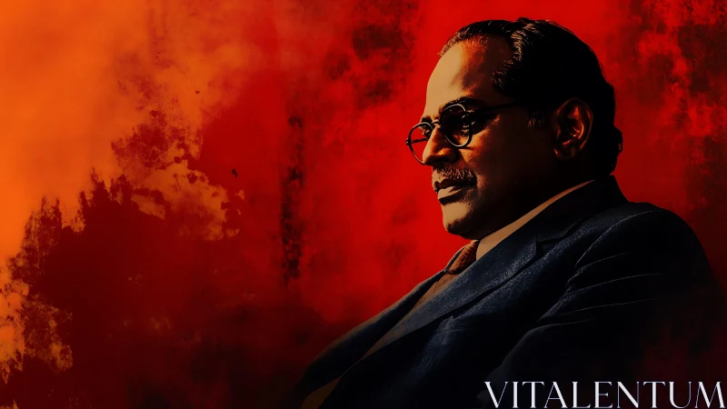 Pensive suited man against intense red textured backdrop.