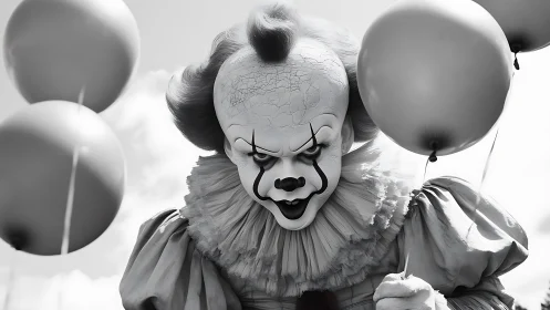 Grinning nightmare clown stalks between drifting balloons. Period.