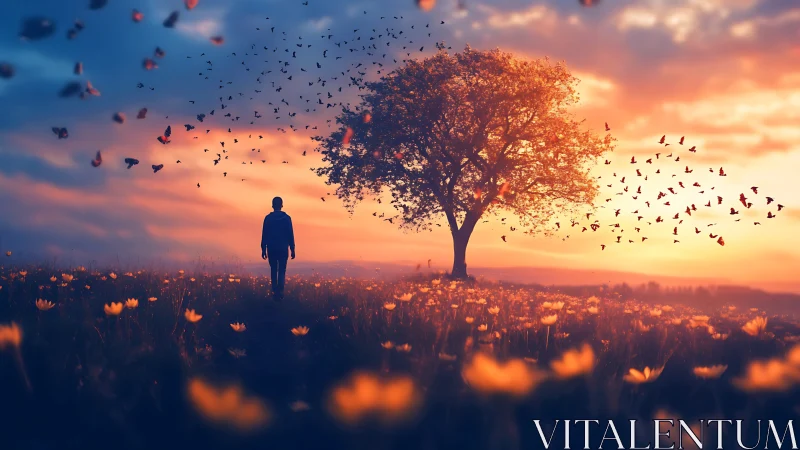 Solitary figure walks toward glowing tree at dreamlike sunset