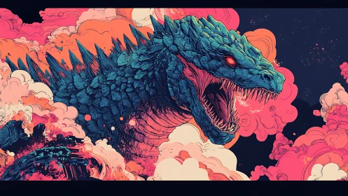 Giant reptilian creature amid dense stylized smoke clouds.