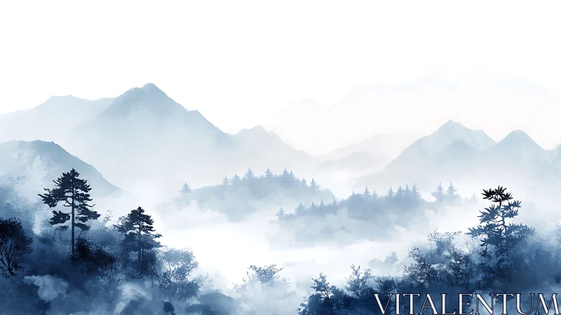 Monochrome mountain ridges with layered forest silhouettes.