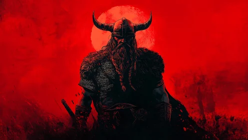 Viking warrior silhouette under blood-red lunar backlight.