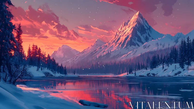 Alpenglow-lit winter peak reflecting in still subarctic lake