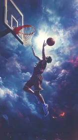 Digital painting of cosmic basketball dunk with dramatic lighting.