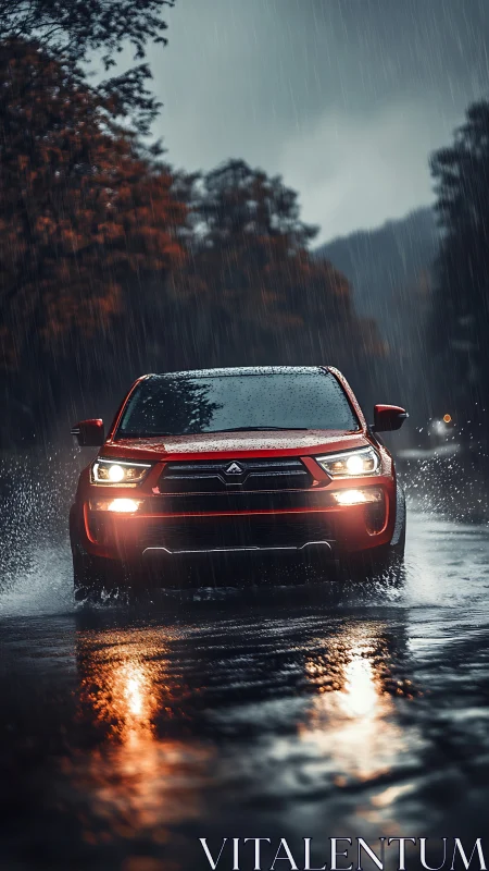 Crimson SUV charges through stormlit mountain rain. Period.