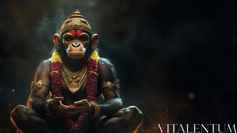 Sacred monkey deity sits in embers with ornate gold regalia