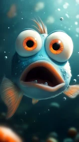 Cartoon-style blue fish with enlarged orange eyes underwater.