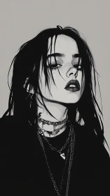 Monochrome goth portrait with wet hair and layered chains.