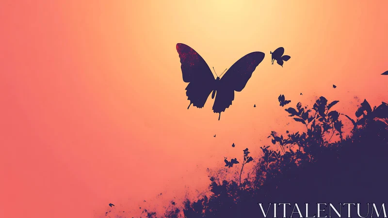 Butterfly silhouette over floral horizon at vivid sunset.