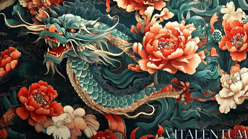 Mythic teal dragon coils through vivid blooming peonies