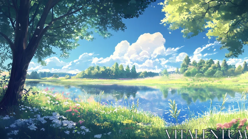 Sunlit riverside meadow rendered in luminous anime style