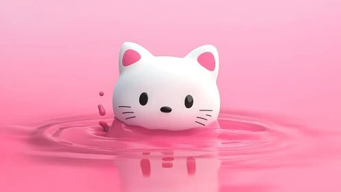 Cute Cartoon Cat Head Floating in Pink Liquid, 3D Digital Art.