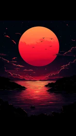Crimson celestial moon over reflective twilight seascape.