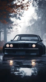 Low-slung classic coupe on wet forest road under diffuse fog